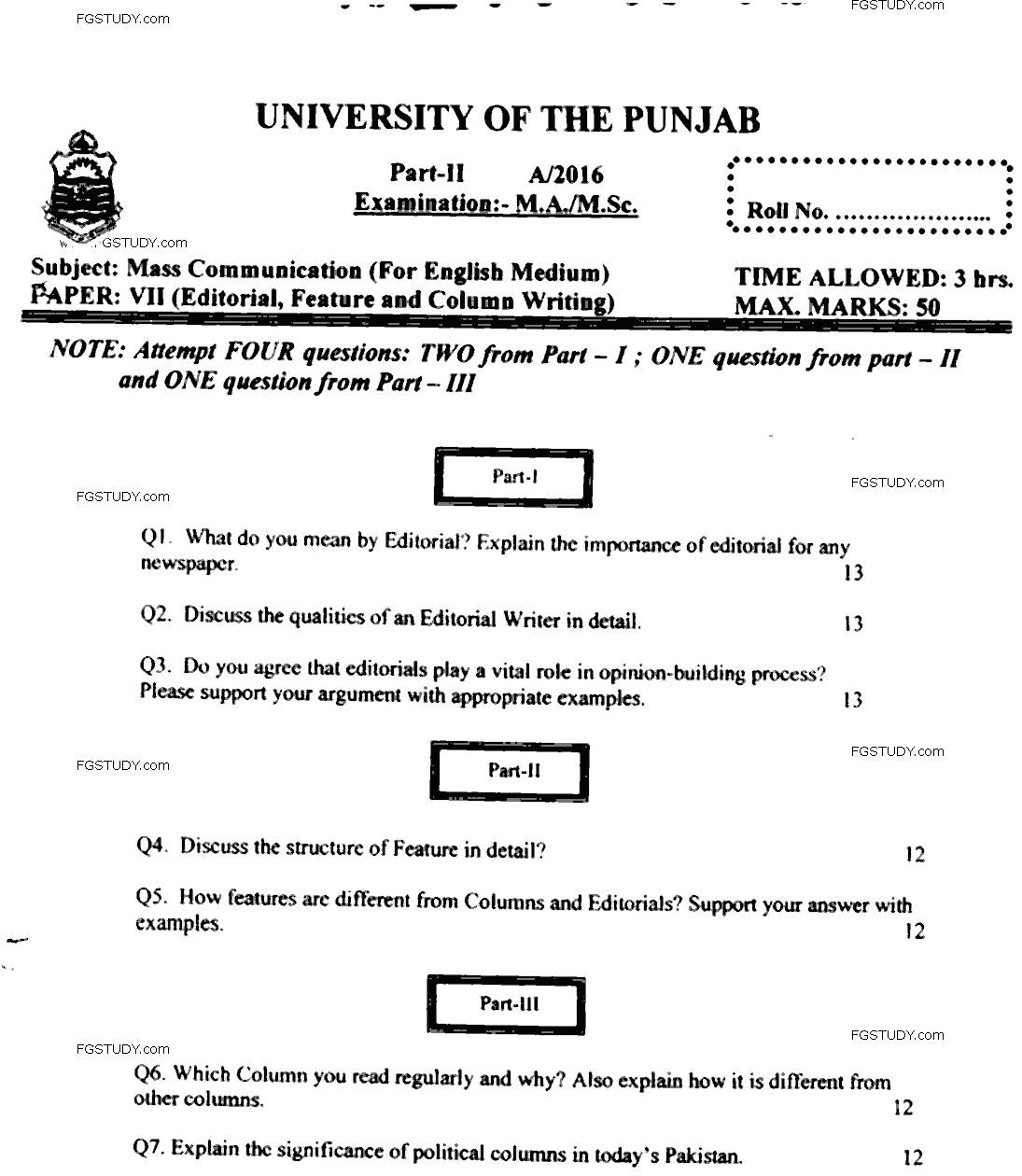 MA Part 2 Mass Communication Editorial Feature And Column Writing Past Paper 2016 Punjab University