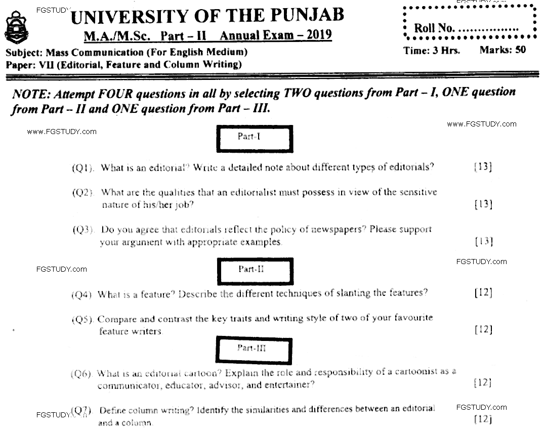 MA Part 2 Mass Communication Editorial Feature And Column Writing Past Paper 2019 Punjab University