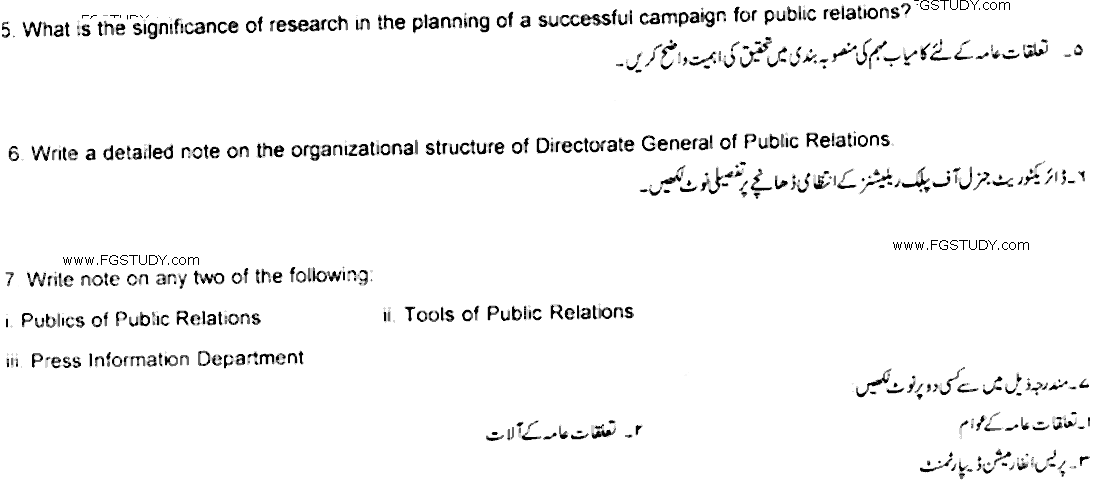 MA Part 2 Mass Communication Public Relations Past Paper 2019 Punjab University