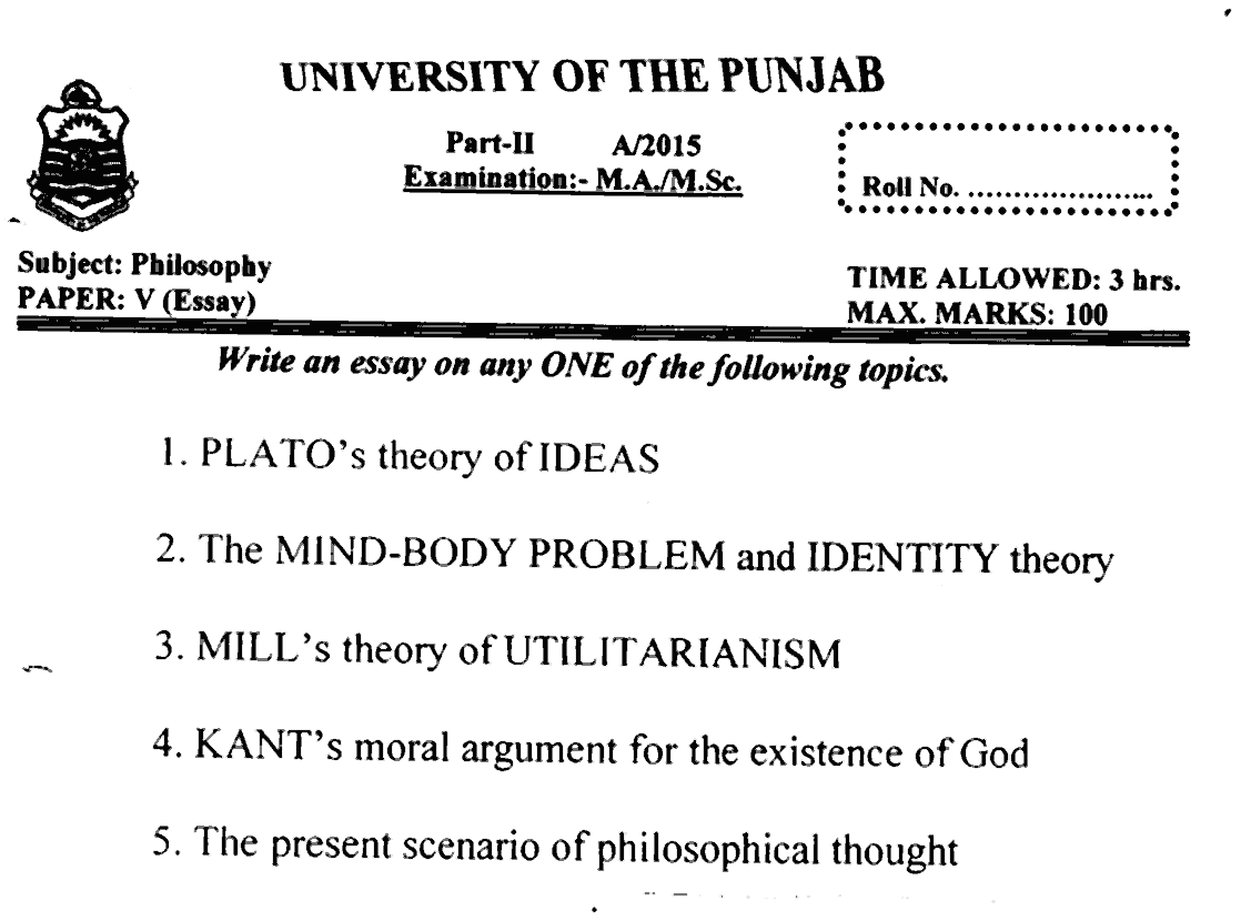 MA Part 2 Philosophy Essay Past Paper 2015 Punjab University