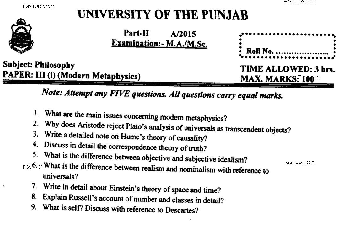 MA Part 2 Philosophy Modern Metaphysics Past Paper 2015 Punjab University