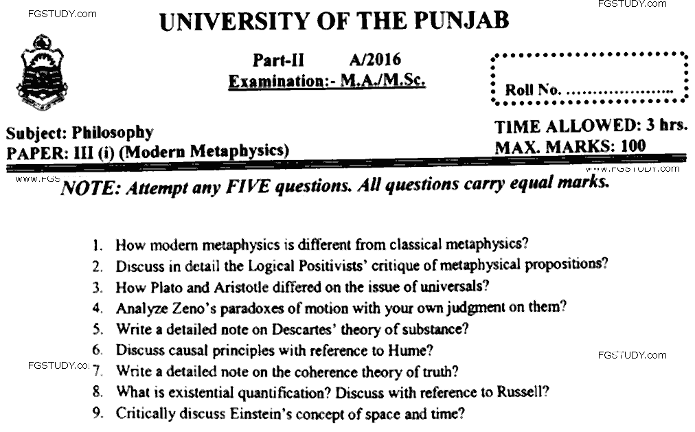 MA Part 2 Philosophy Modern Metaphysics Past Paper 2016 Punjab University