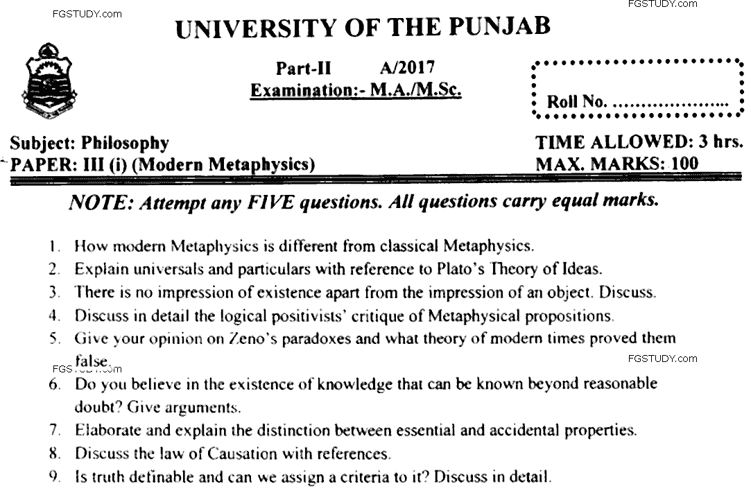 MA Part 2 Philosophy Modern Metaphysics Past Paper 2017 Punjab University
