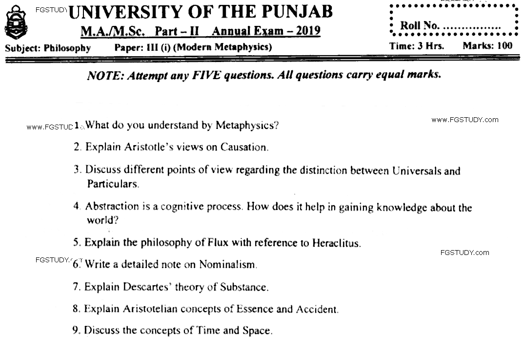 MA Part 2 Philosophy Modern Metaphysics Past Paper 2019 Punjab University