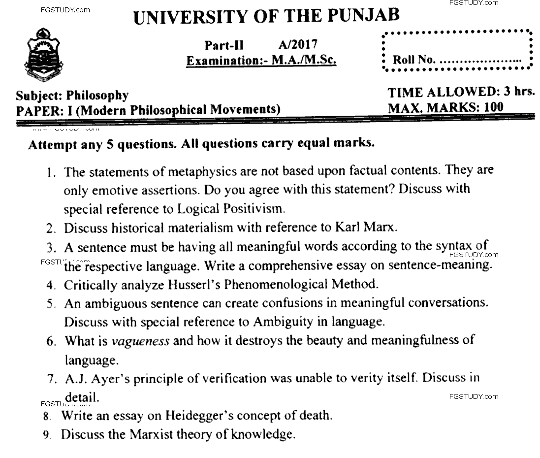 MA Part 2 Philosophy Modern Philosophical Movements Past Paper 2017 Punjab University