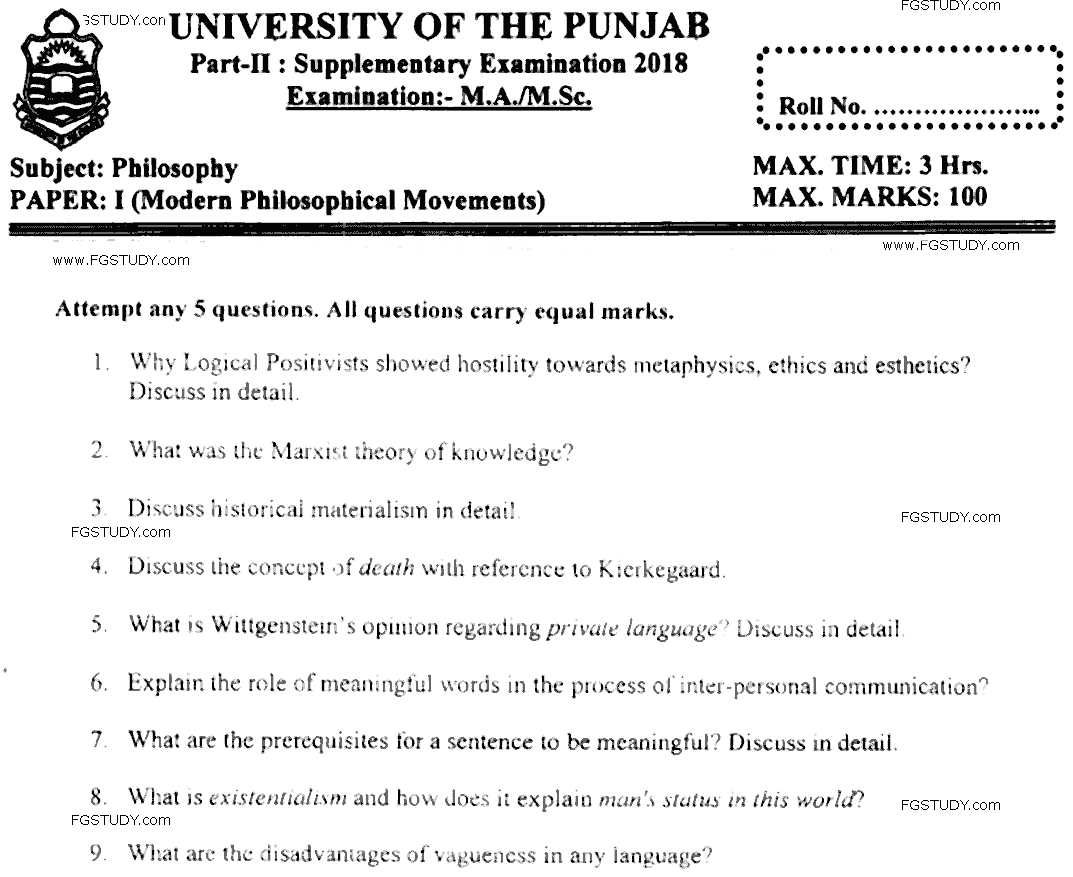 MA Part 2 Philosophy Modern Philosophical Movements Past Paper 2018 Punjab University