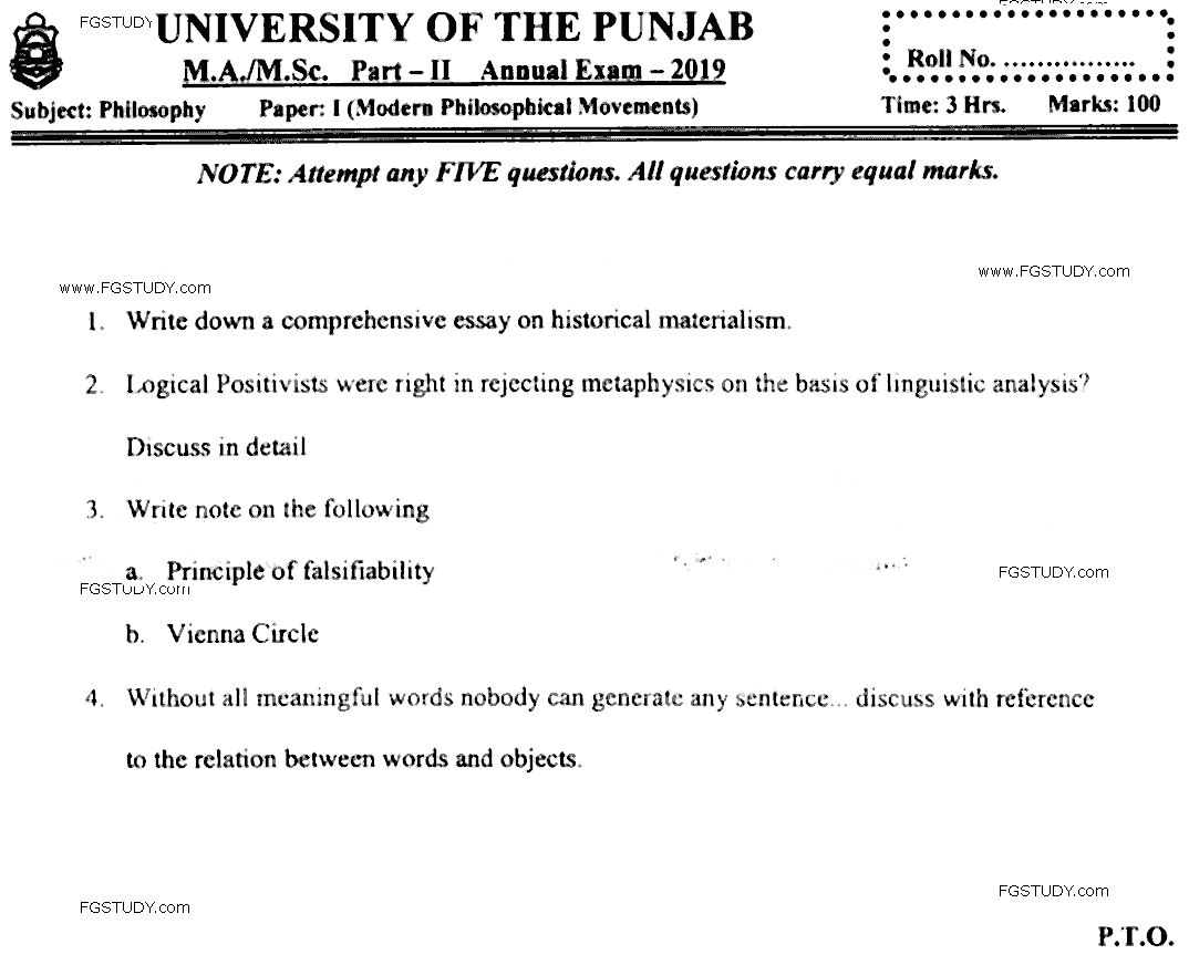 MA Part 2 Philosophy Modern Philosophical Movements Past Paper 2019 Punjab University