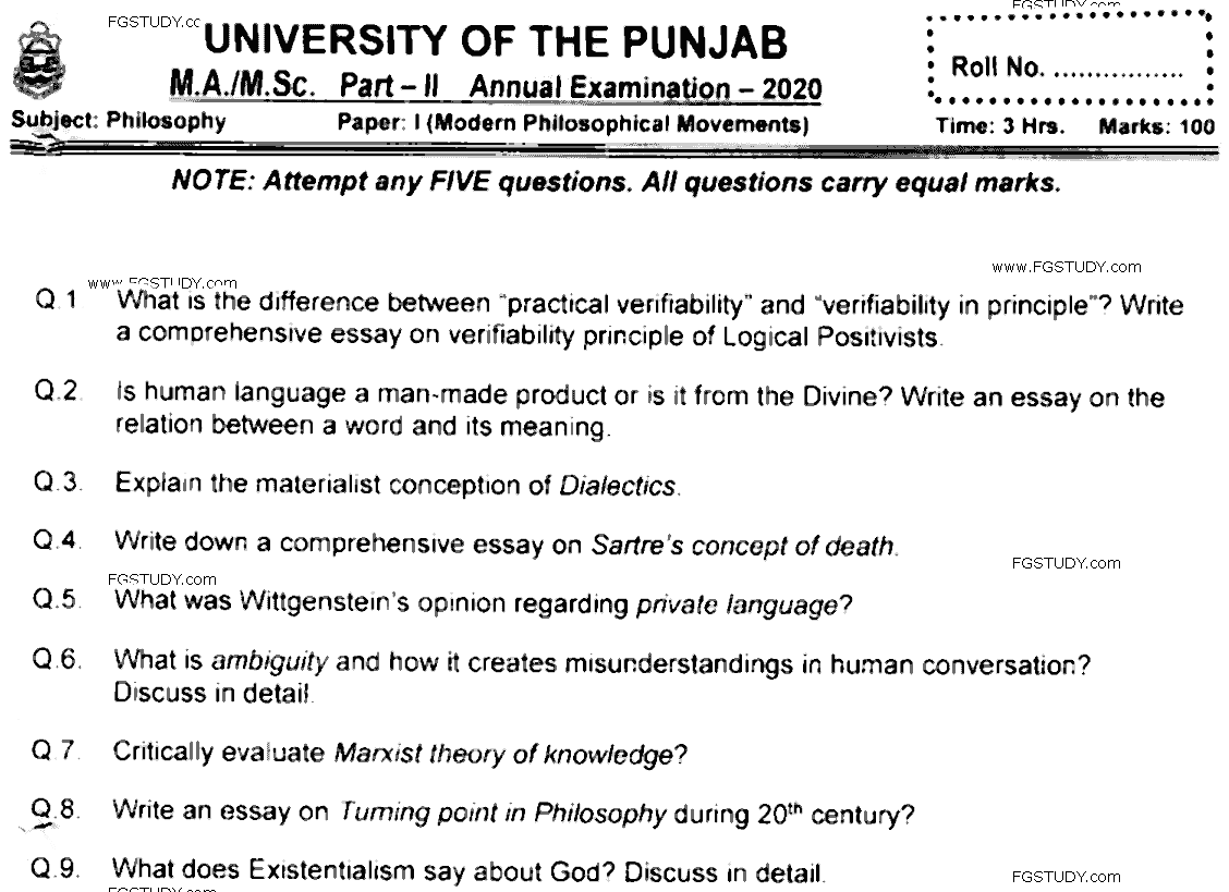 MA Part 2 Philosophy Modern Philosophical Movements Past Paper 2020 Punjab University