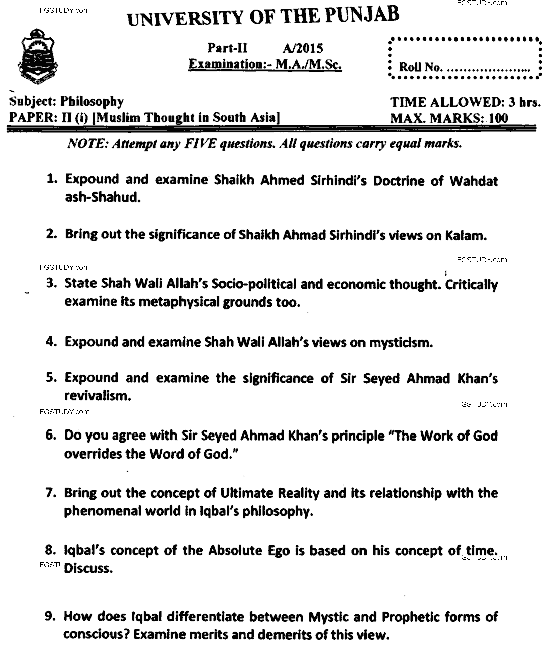MA Part 2 Philosophy Mulsim Thought In South Asia Past Paper 2015 Punjab University