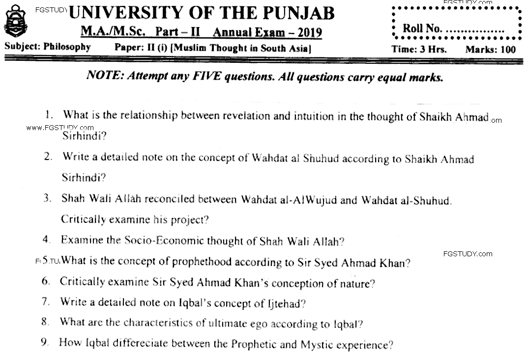 MA Part 2 Philosophy Mulsim Thought In South Asia Past Paper 2019 Punjab University