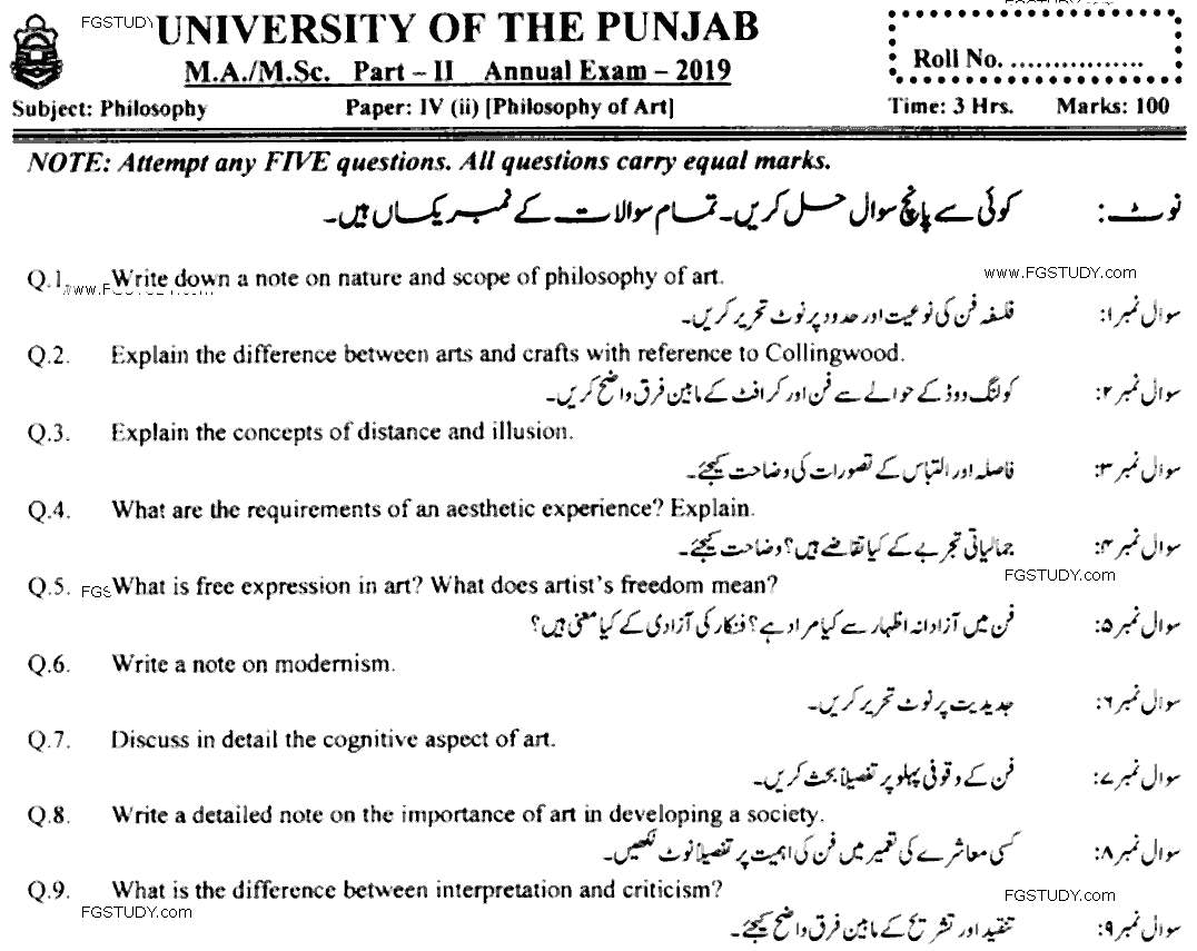 MA Part 2 Philosophy Philosophy Of Art Past Paper 2019 Punjab University
