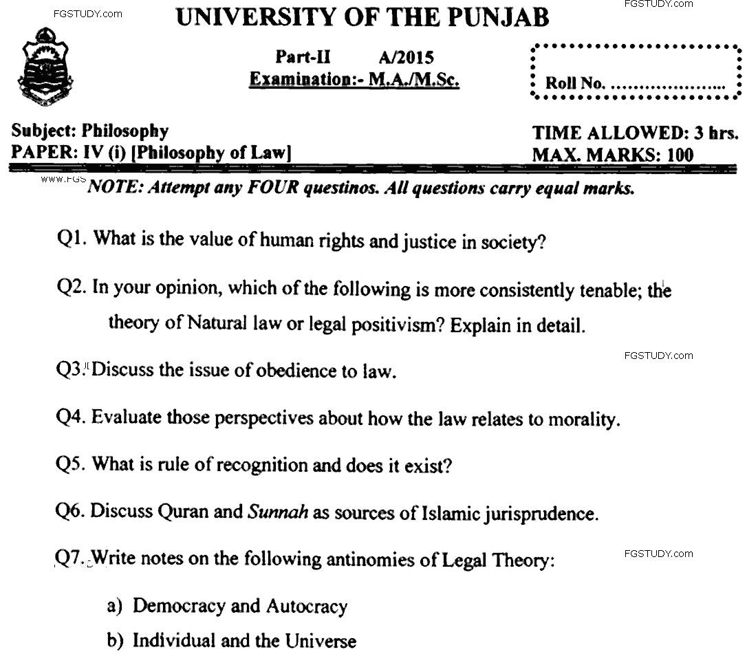 MA Part 2 Philosophy Philosophy Of Law Past Paper 2015 Punjab University