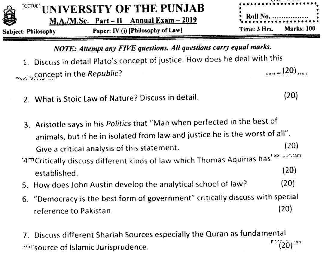 MA Part 2 Philosophy Philosophy Of Law Past Paper 2019 Punjab University