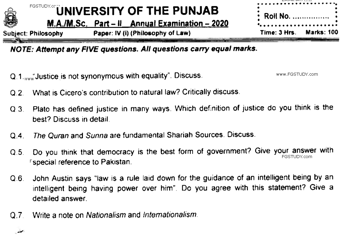 MA Part 2 Philosophy Philosophy Of Law Past Paper 2020 Punjab University
