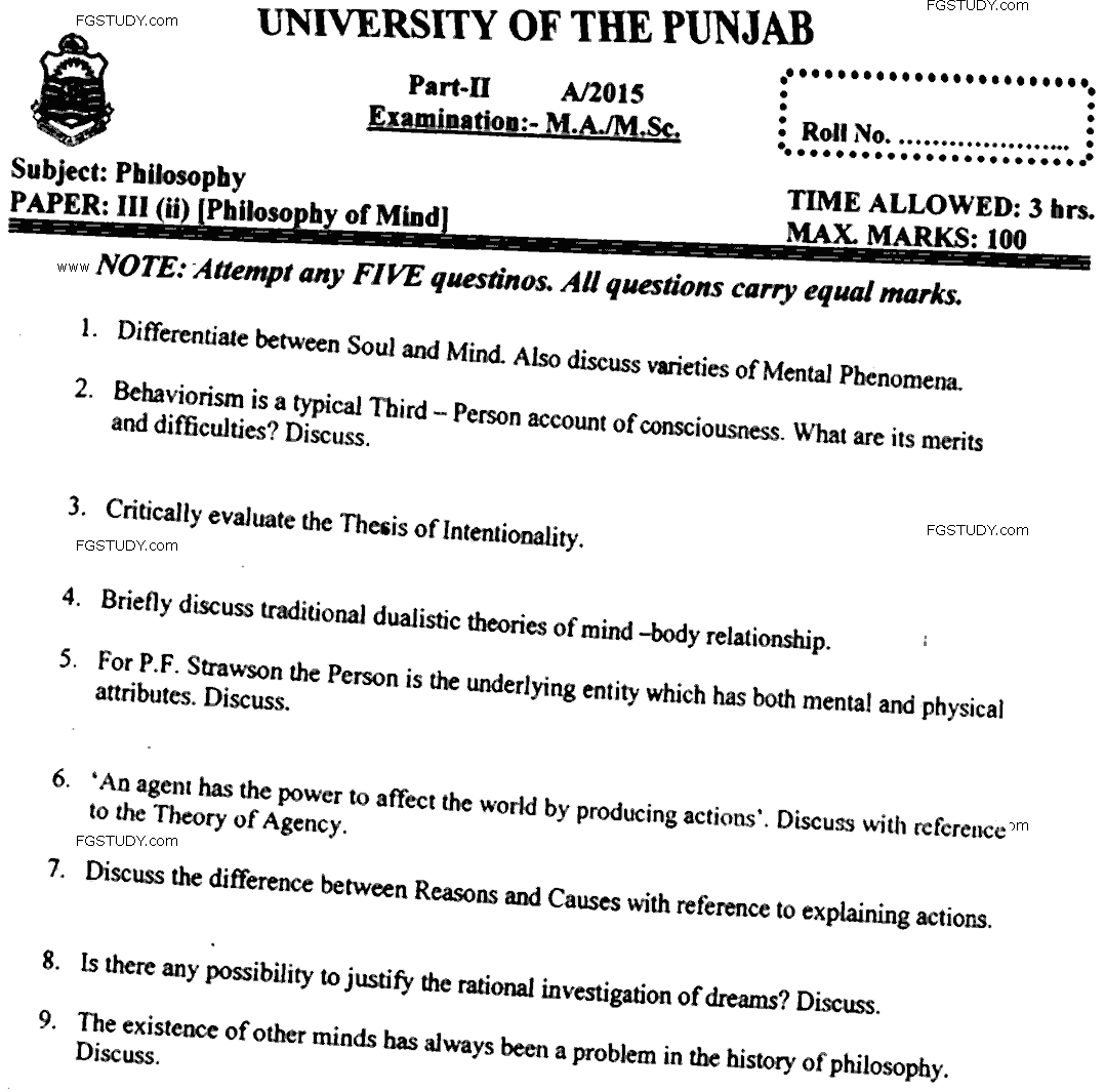 MA Part 2 Philosophy Philosophy Of Mind Past Paper 2015 Punjab University