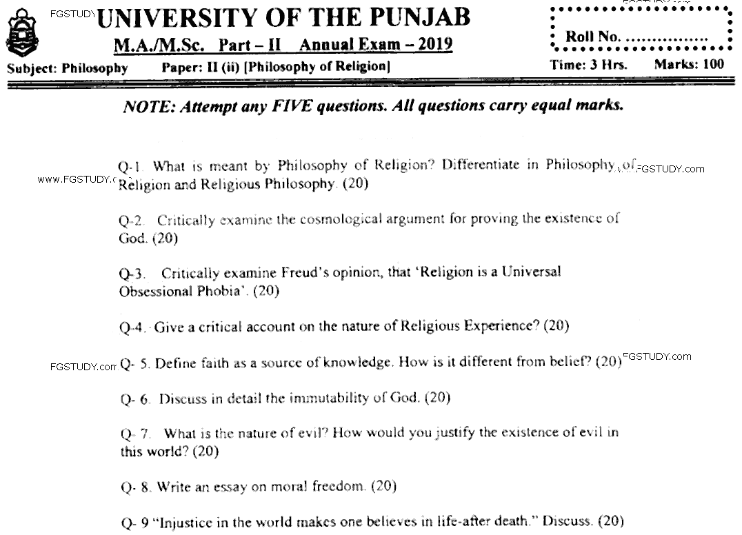 MA Part 2 Philosophy Philosophy Of Religion Past Paper 2019 Punjab University