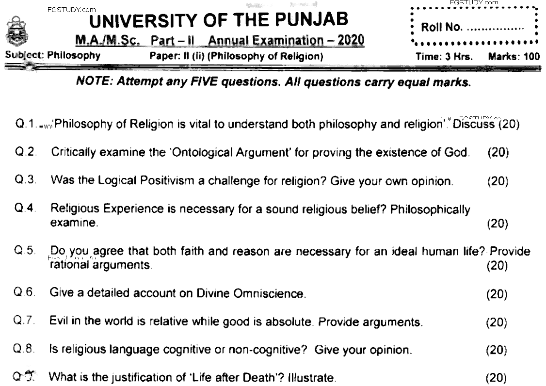 MA Part 2 Philosophy Philosophy Of Religion Past Paper 2020 Punjab University