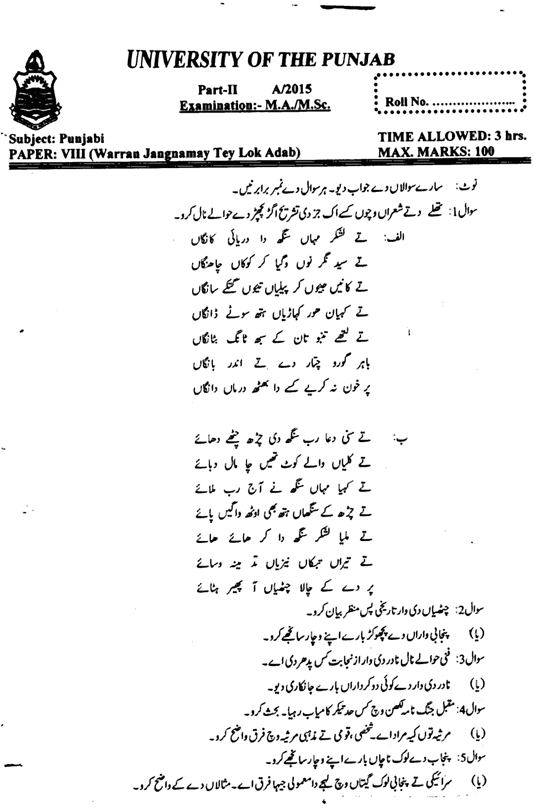 MA Part 2 Punjabi Waran Jangnamay Tey Lok Adab Past Paper 2015 Punjab University