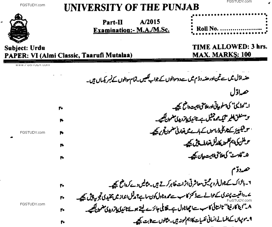 MA Part 2 Urdu Almi Classic Taarufi Mutalaa Past Paper 2015 Punjab University
