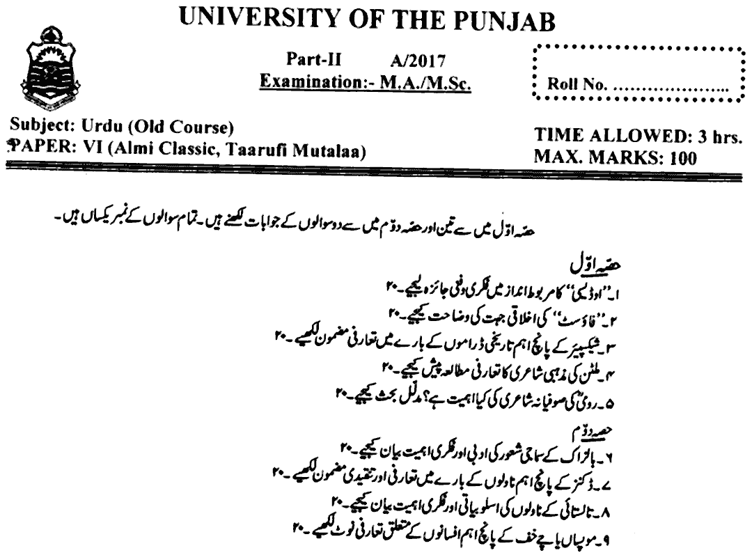 MA Part 2 Urdu Almi Classic Taarufi Mutalaa Past Paper 2017 Punjab University