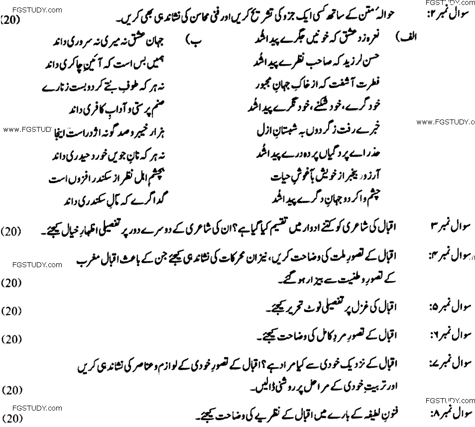 MA Part 2 Urdu Iqbal Ka Khususi Mutalaa Past Paper 2019 Punjab University