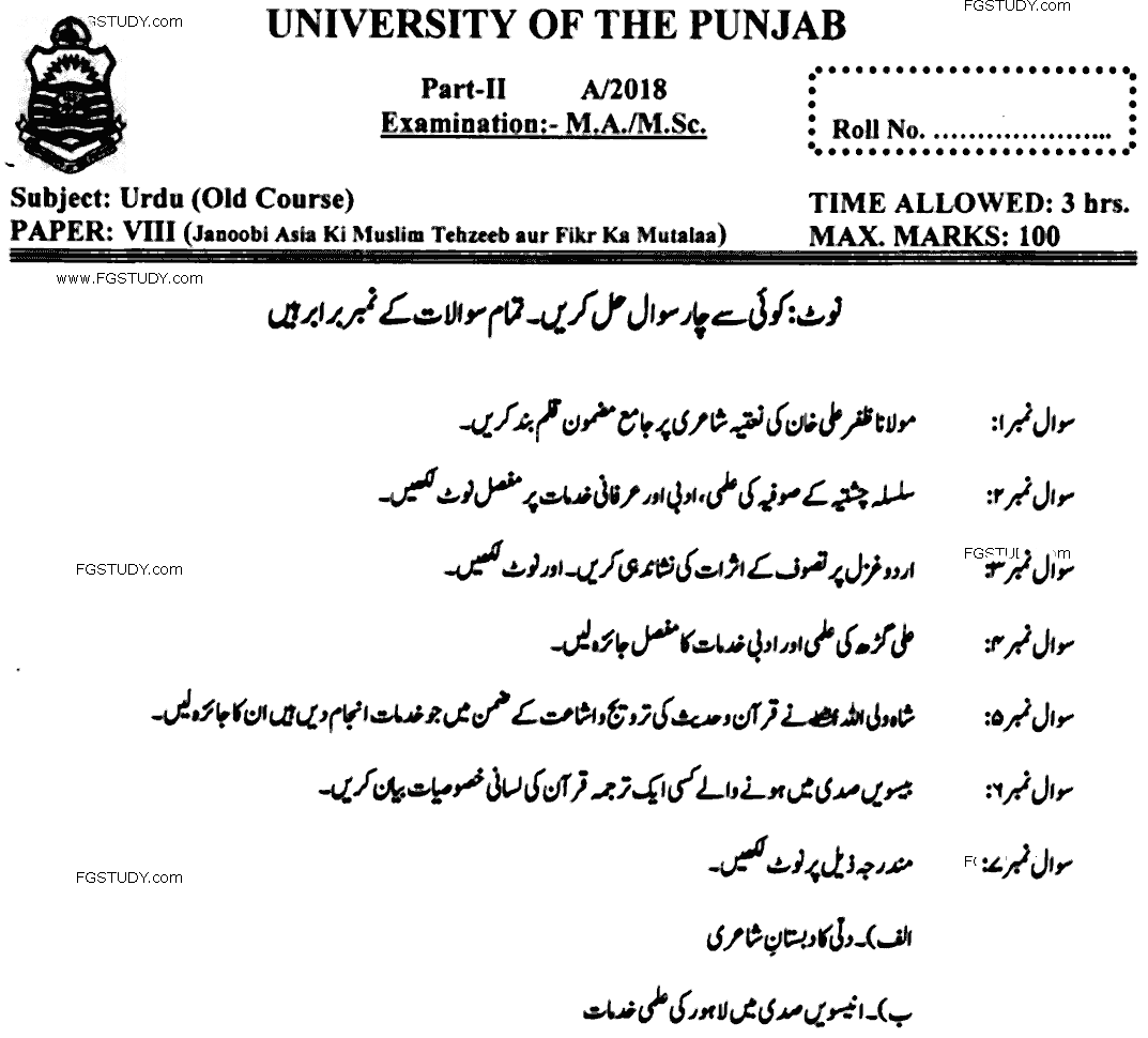 MA Part 2 Urdu Janoobi Asia Ki Muslim Tahzeeb Aur Fikr Ka Mutalaa Past Paper 2018 Punjab University