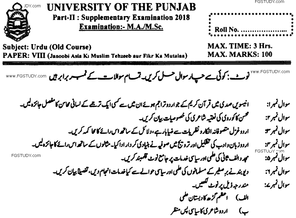 MA Part 2 Urdu Janoobi Asia Ki Muslim Tahzeeb Aur Fikr Ka Mutalaa Past Paper 2018 Punjab University