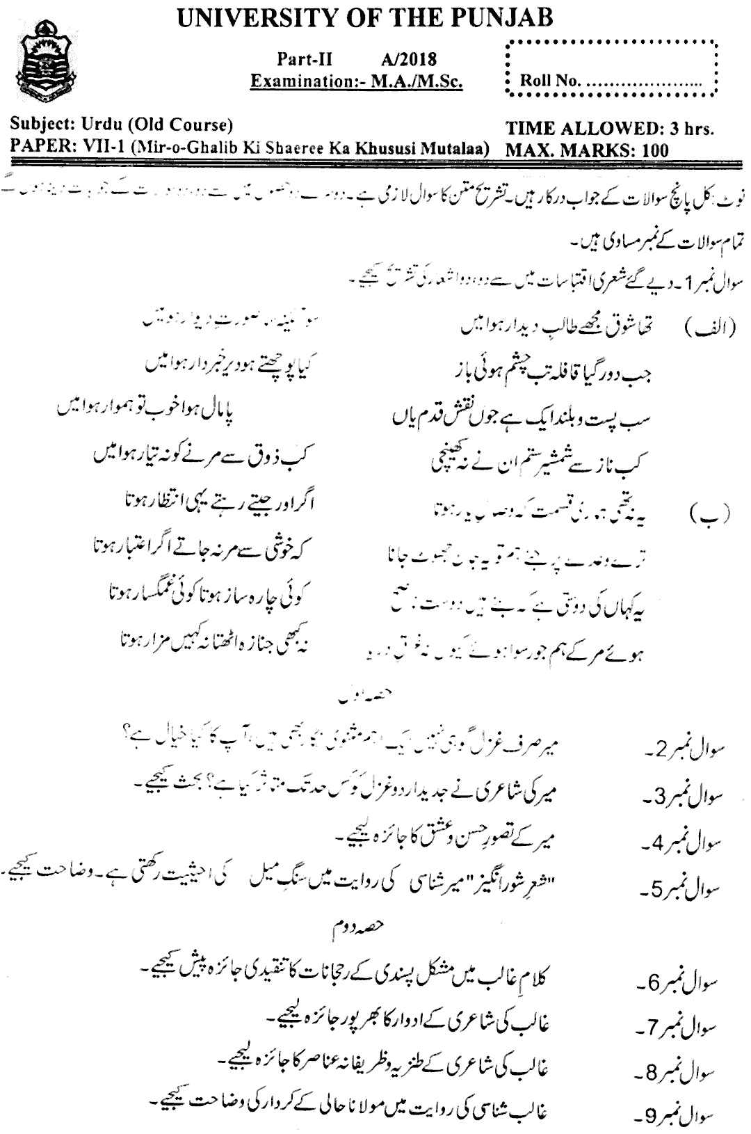 MA Part 2 Urdu Mir O Ghalib Key Shaeree Ka Khususi Mutalaa Past Paper 2018 Punjab University Old Syllabus