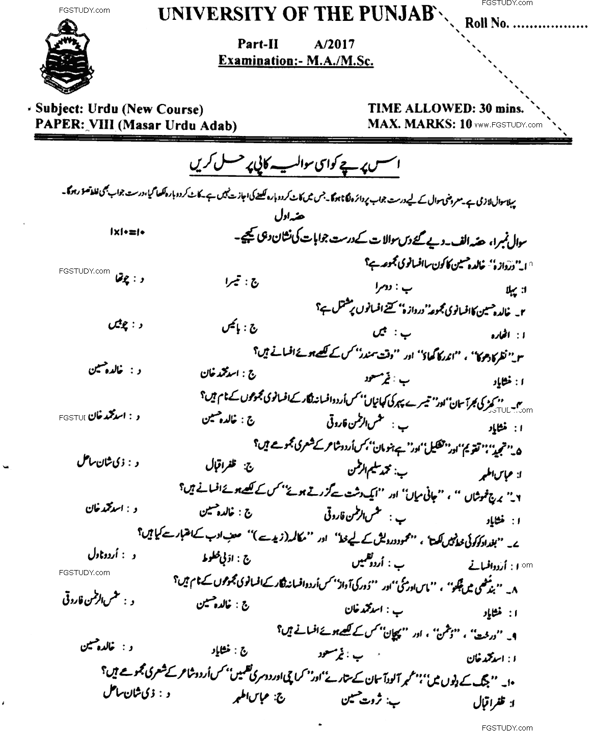 MA Part 2 Urdu Nasar Urdu Adab Past Paper 2017 Punjab University Objective
