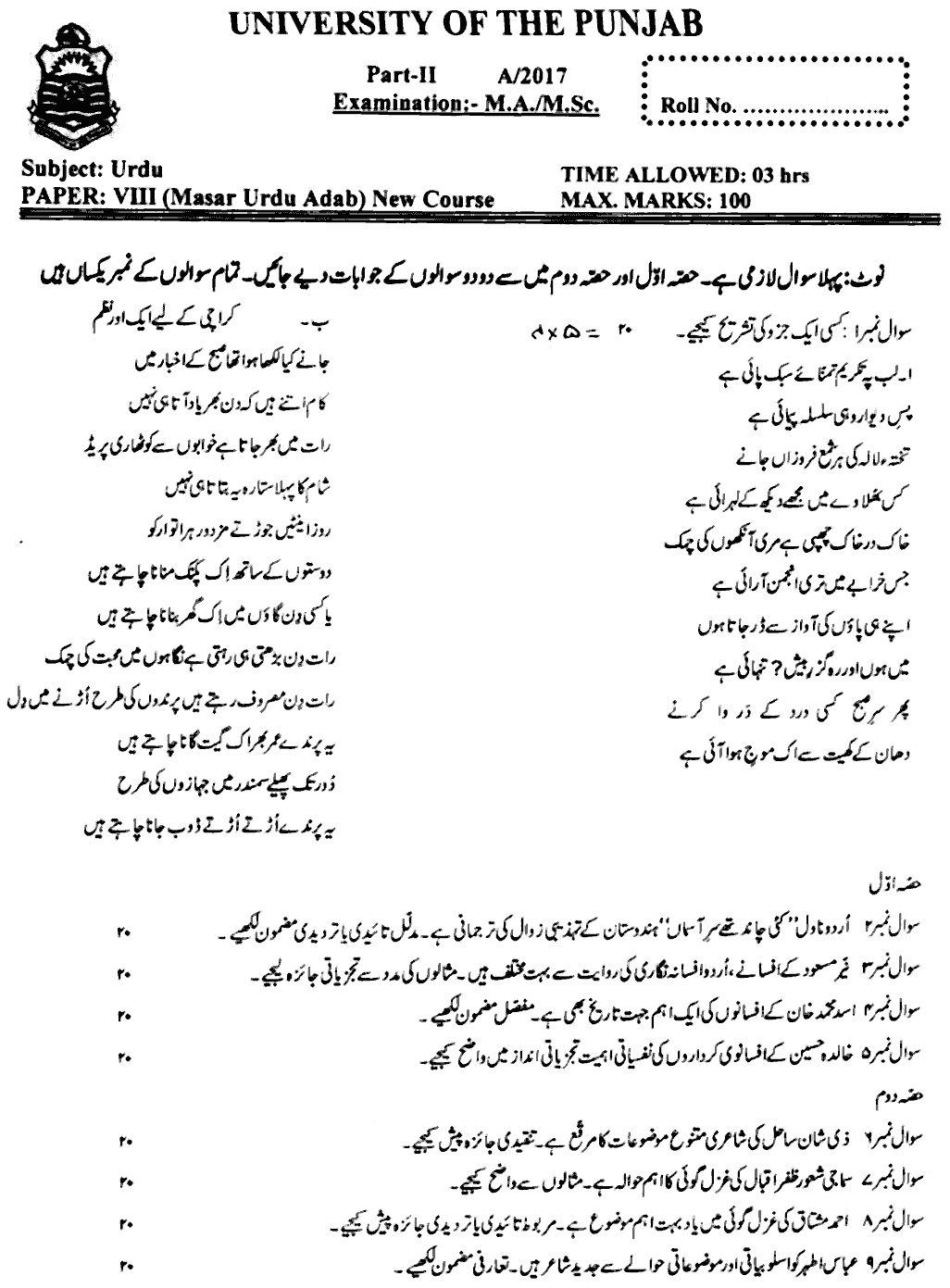 MA Part 2 Urdu Nasar Urdu Adab Past Paper 2018 Punjab University