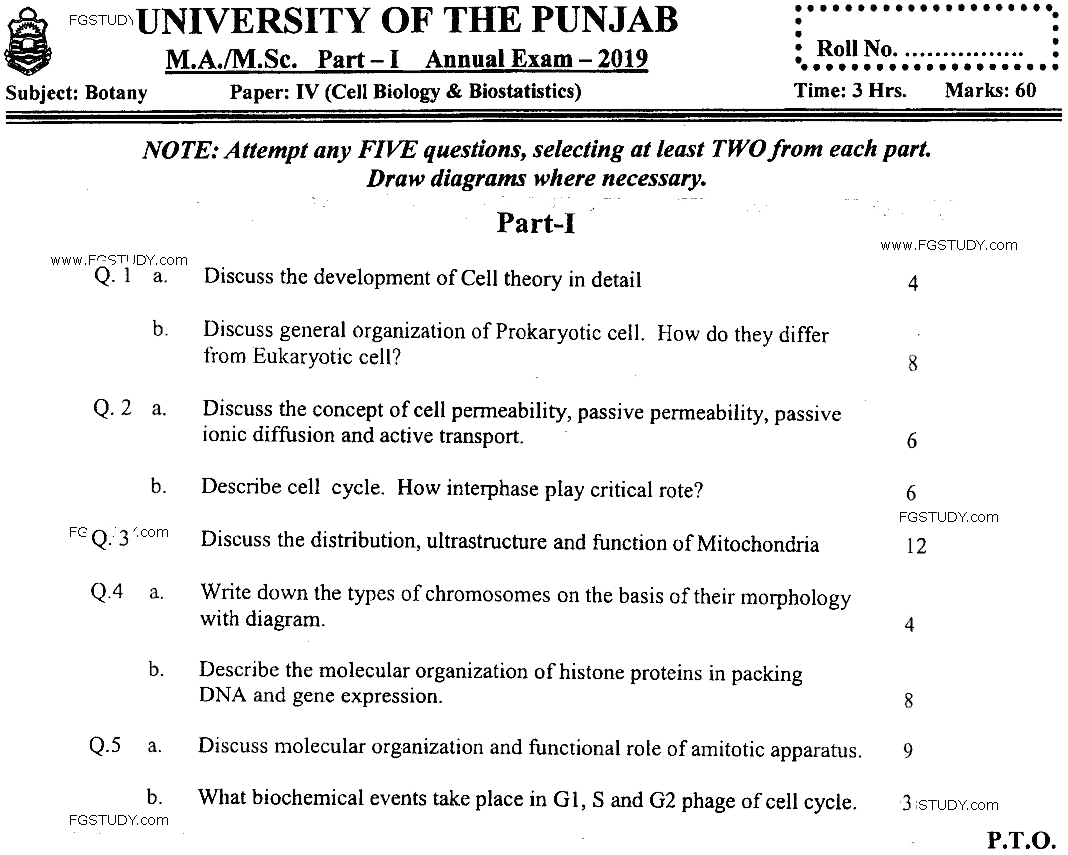 MSc Part 1 Botany Cell Biology And Biostatistics Past Paper 2019 Punjab University Subjective