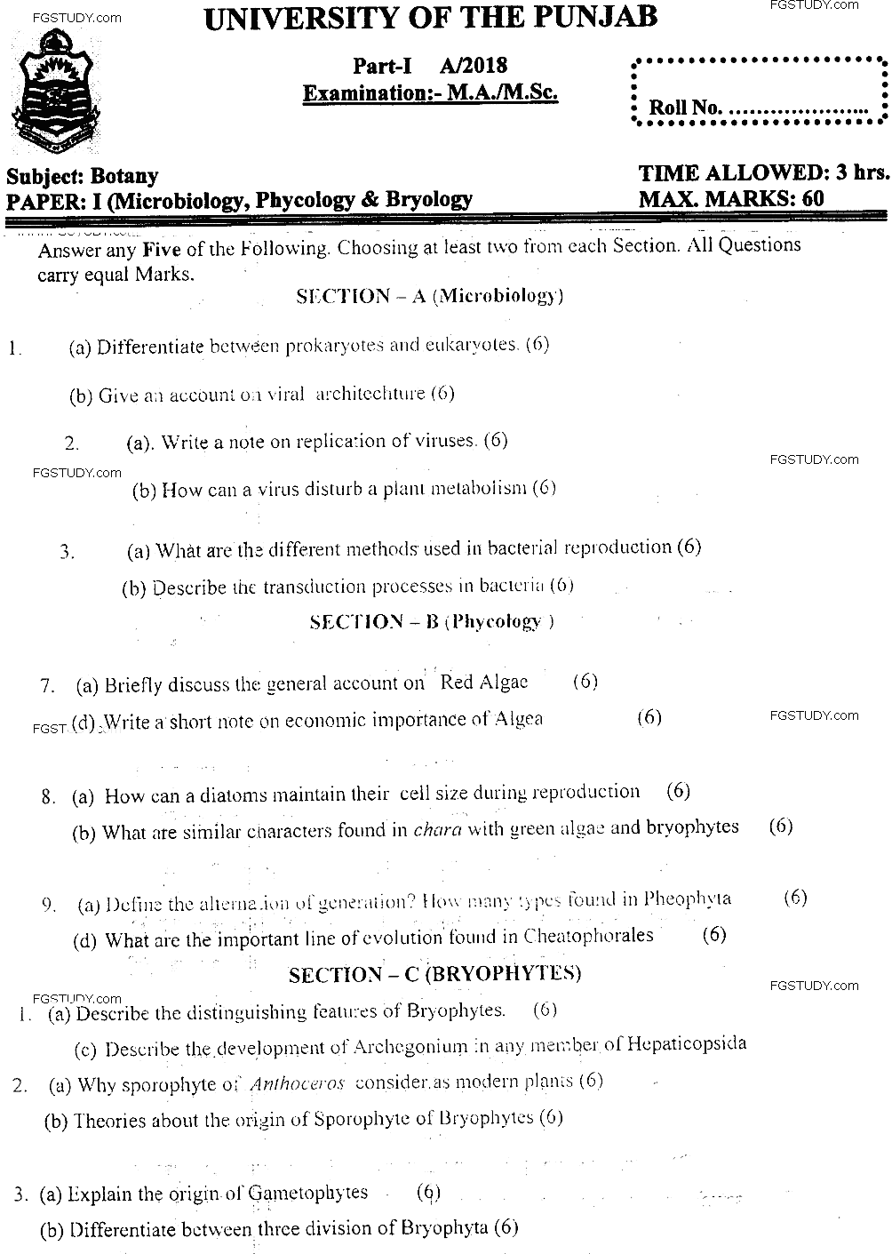 MSc Part 1 Botany Microbiology Phycology And Bryology Past Paper 2018 Punjab University Subjective