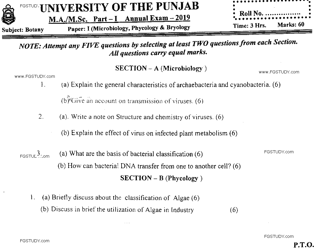 MSc Part 1 Botany Microbiology Phycology And Bryology Past Paper 2019 Punjab University Subjective
