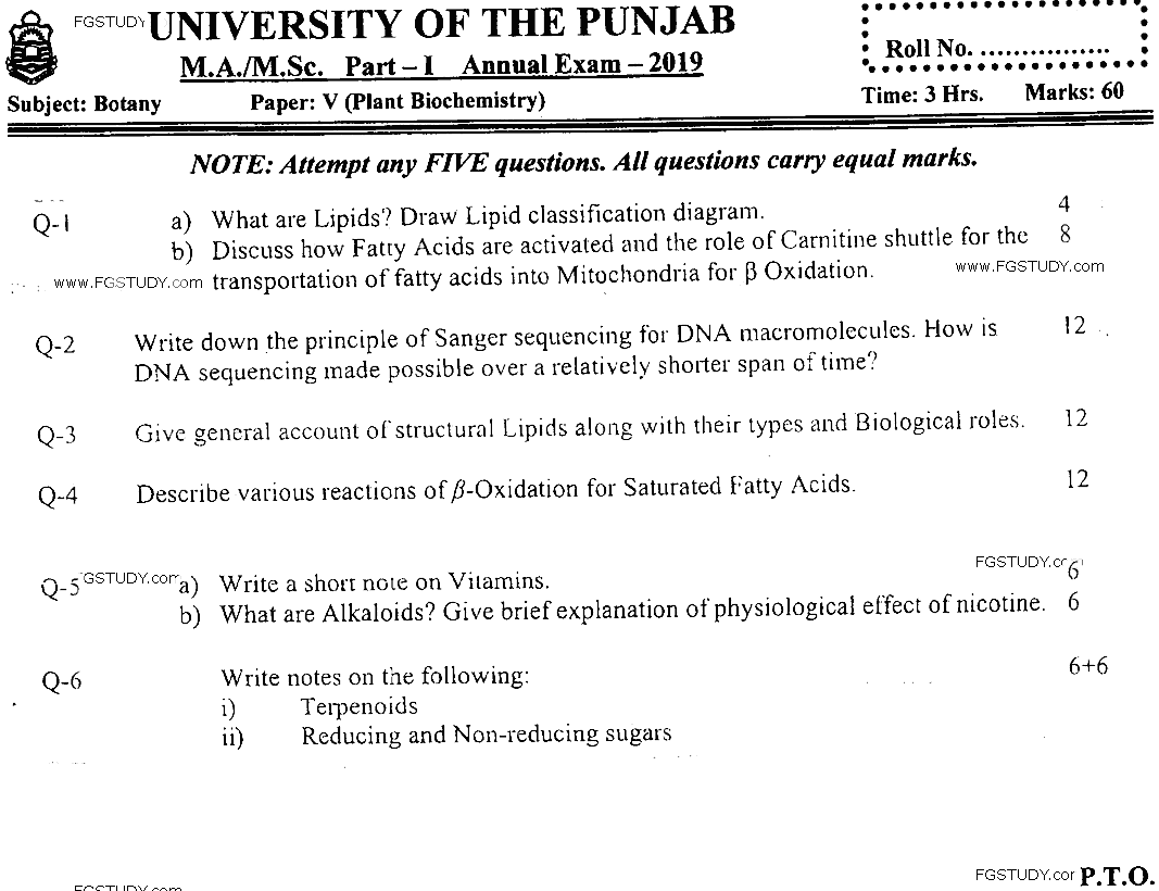 MSc Part 1 Botany Plant Biochemistry Past Paper 2019 Punjab University Subjective