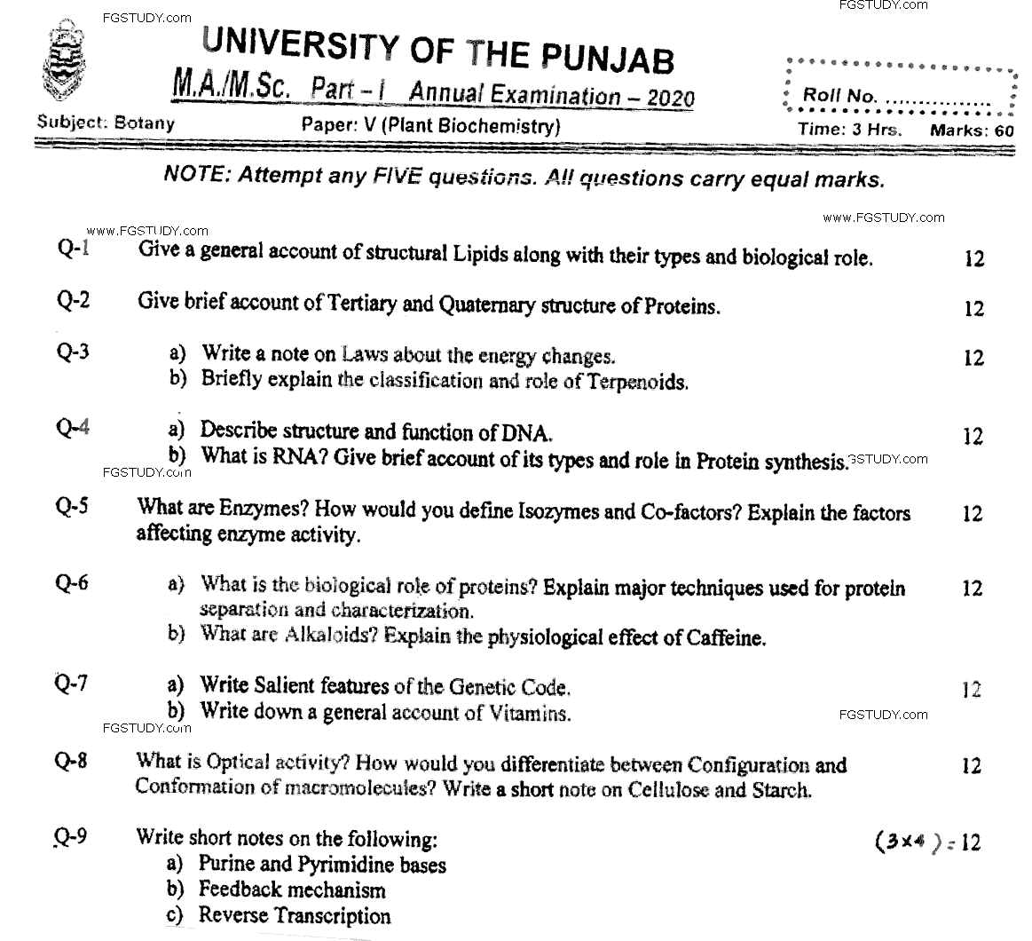 MSc Part 1 Botany Plant Biochemistry Past Paper 2020 Punjab University Subjective