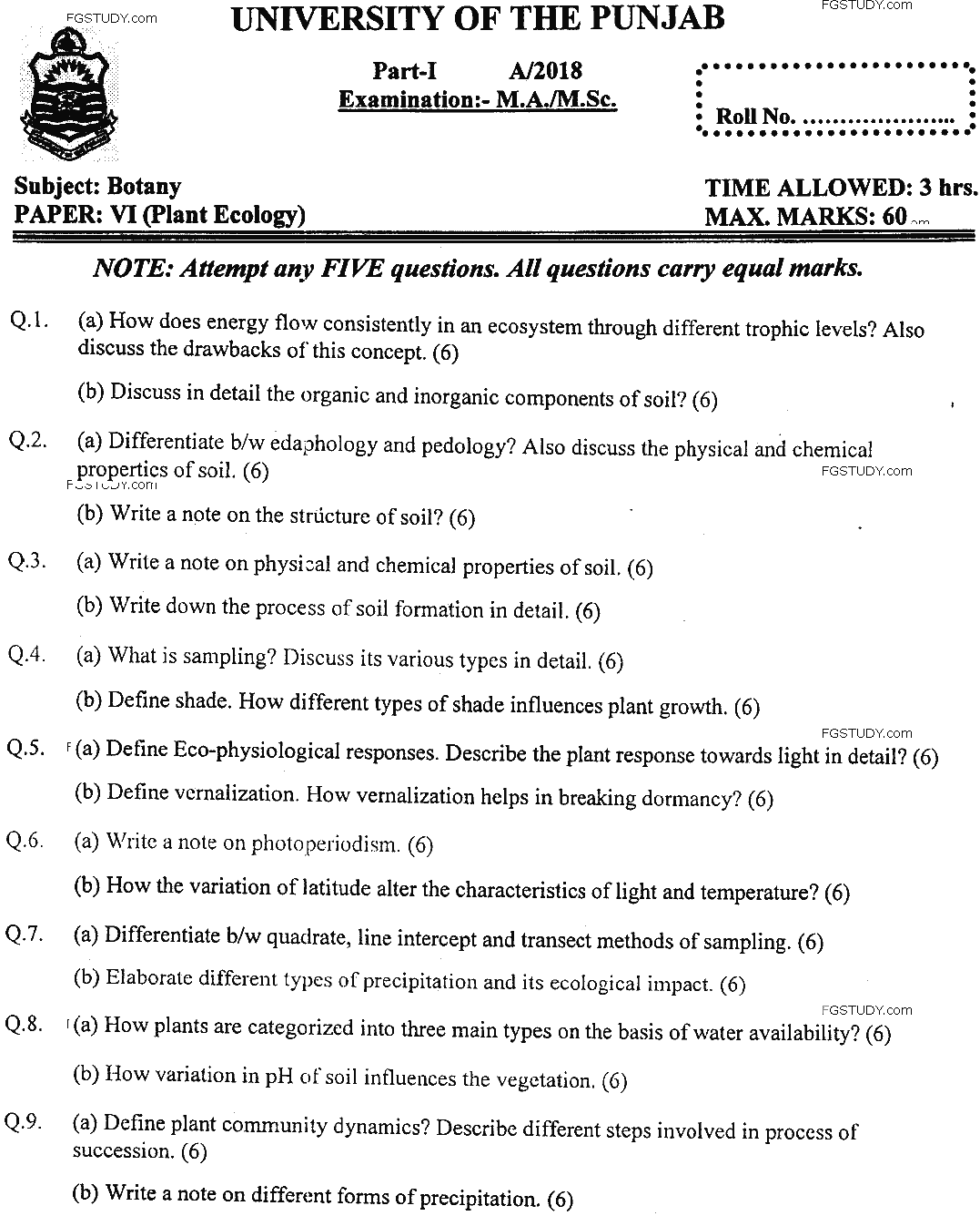MSc Part 1 Botany Plant Ecology Past Paper 2018 Punjab University Subjective