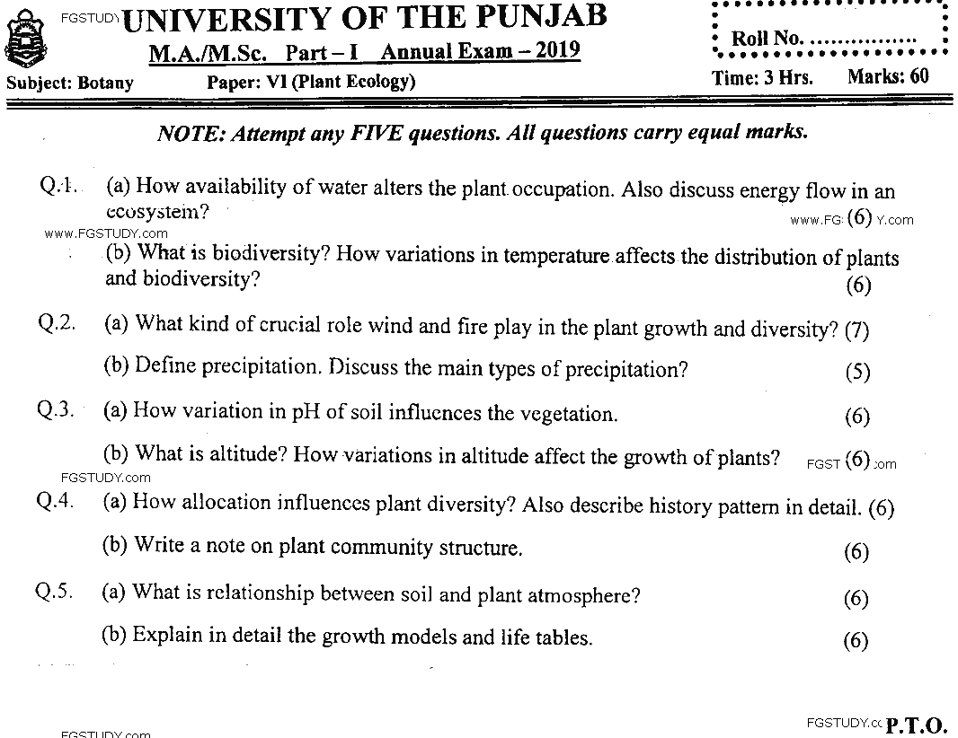 MSc Part 1 Botany Plant Ecology Past Paper 2019 Punjab University Subjective