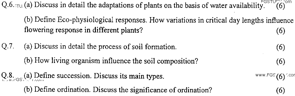 MSc Part 1 Botany Plant Ecology Past Paper 2019 Punjab University Subjective