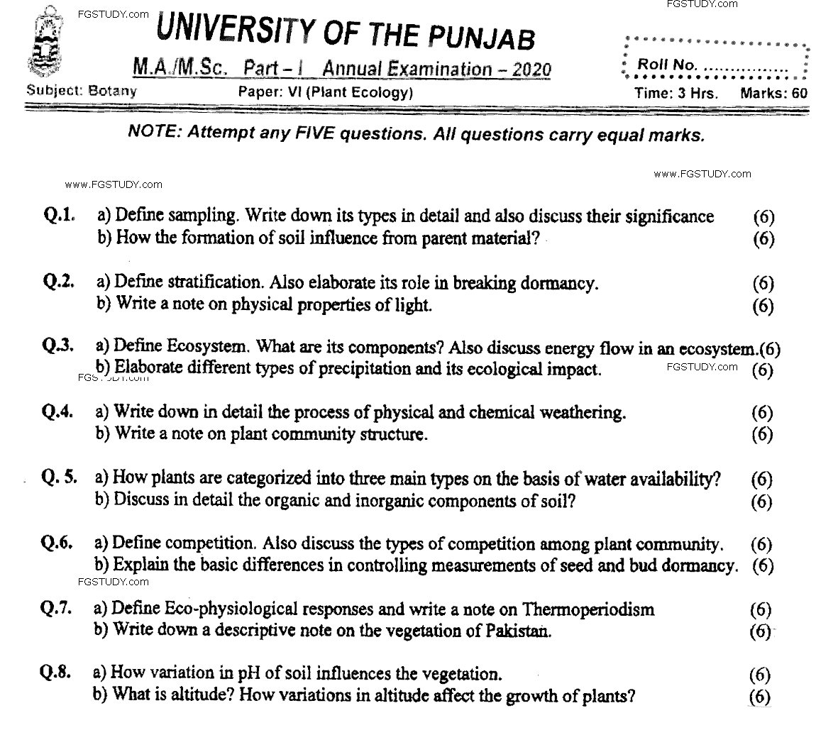 MSc Part 1 Botany Plant Ecology Past Paper 2020 Punjab University Subjective