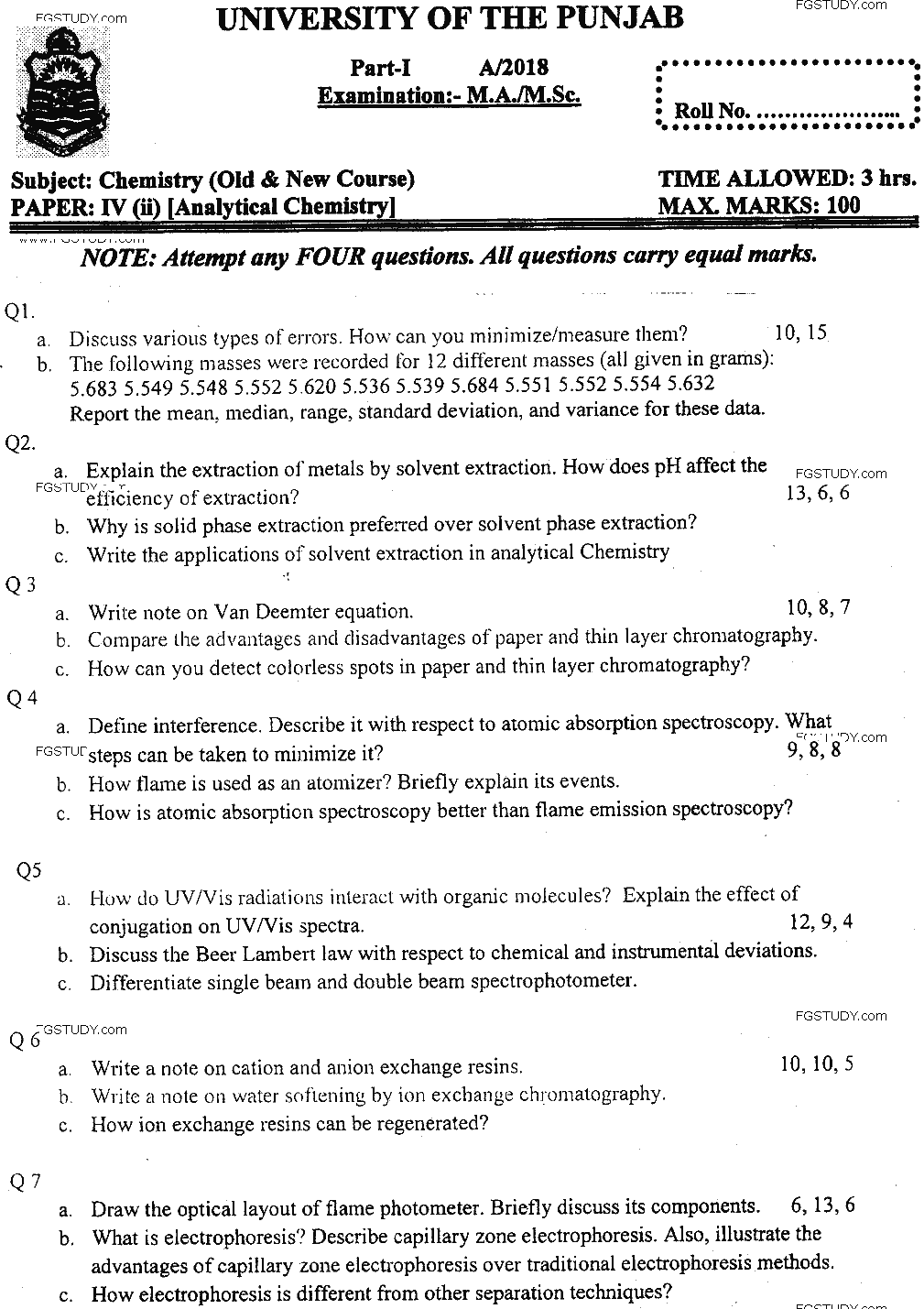MSc Part 1 Chemistry Analytical Chemistry Past Paper 2018 Punjab University Subjective