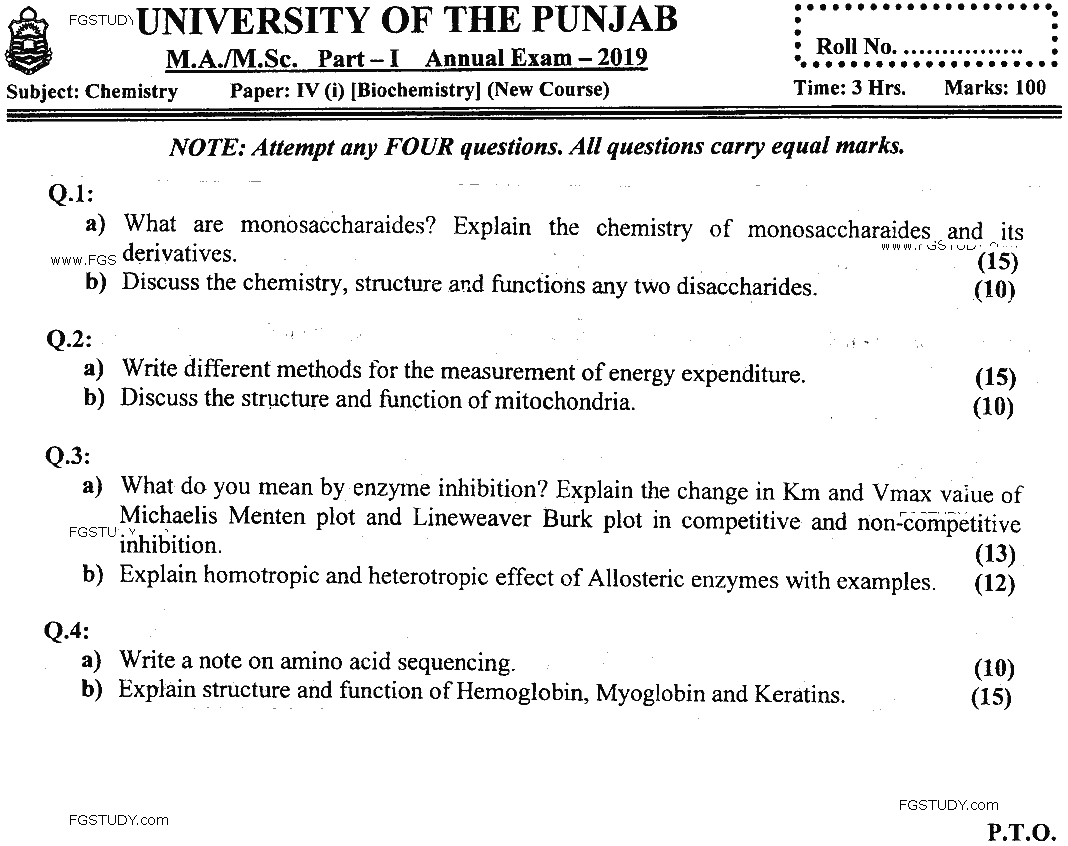 MSc Part 1 Chemistry Biochemistry Past Paper 2019 Punjab University Subjective