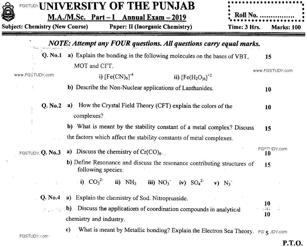 MSc Part 1 Chemistry Inorganic Chemistry Past Paper 2019 Punjab University Subjective