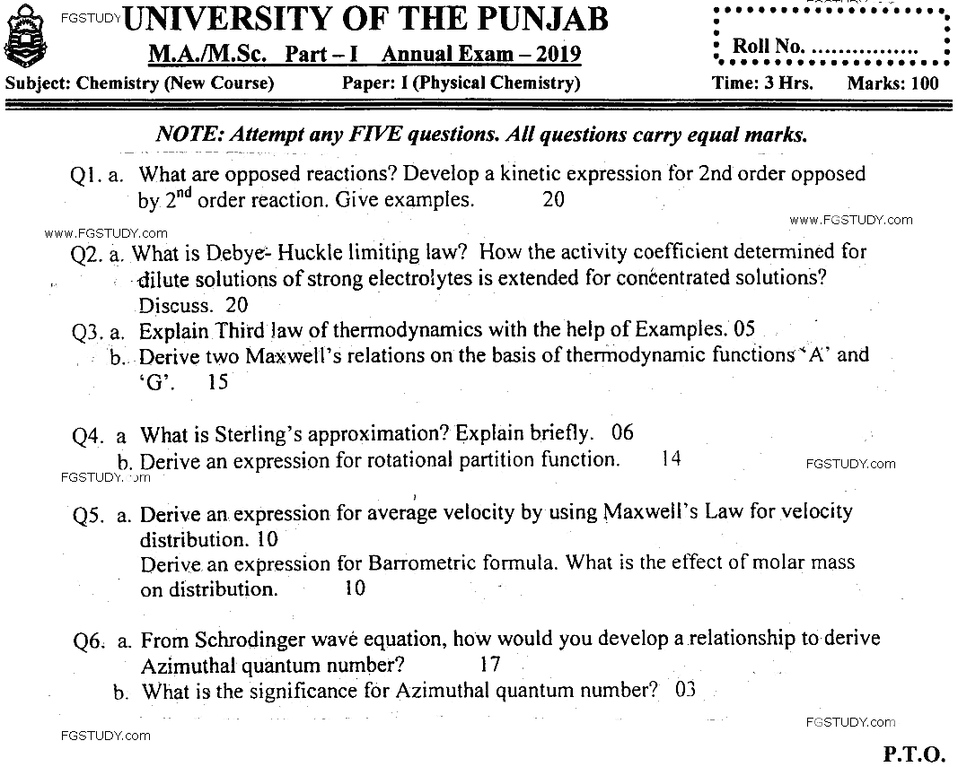 MSc Part 1 Chemistry Physical Chemistry Past Paper 2019 Punjab University Subjective