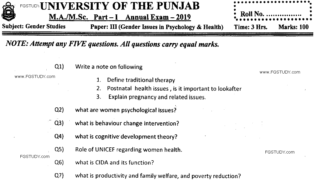 MSc Part 1 Gender Studies Gender Issues In Psychology And Health Past Paper 2019 Punjab University Subjective