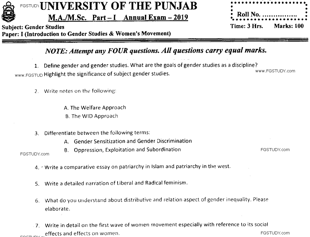 MSc Part 1 Gender Studies Introduction To Gender Studies And Womens Movement Past Paper 2019 Punjab University Subjective