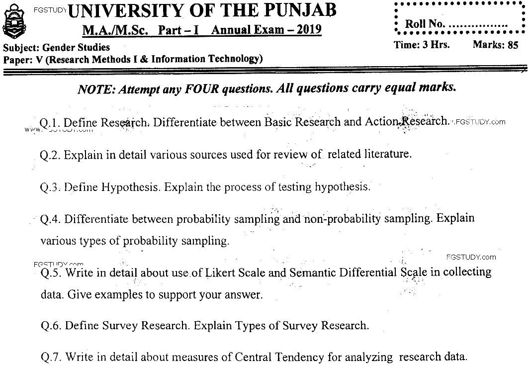 MSc Part 1 Gender Studies Research Methods 1 And Information Technology Past Paper 2019 Punjab University Subjective