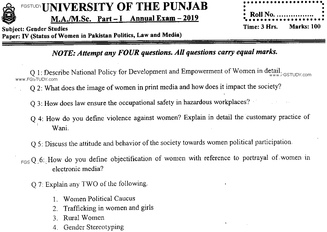 MSc Part 1 Gender Studies Status Of Women In Pakistan Politics Law And Media Past Paper 2019 Punjab University Subjective