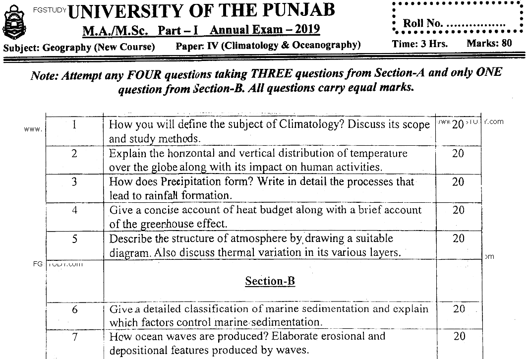 MSc Part 1 Geography Climatology And Oceanography Past Paper 2019 Punjab University Subjective