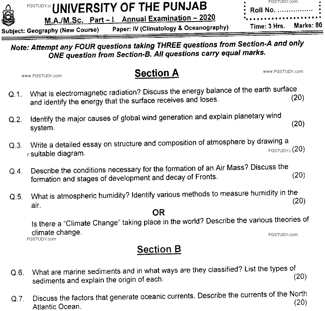 MSc Part 1 Geography Climatology And Oceanography Past Paper 2020 Punjab University Subjective