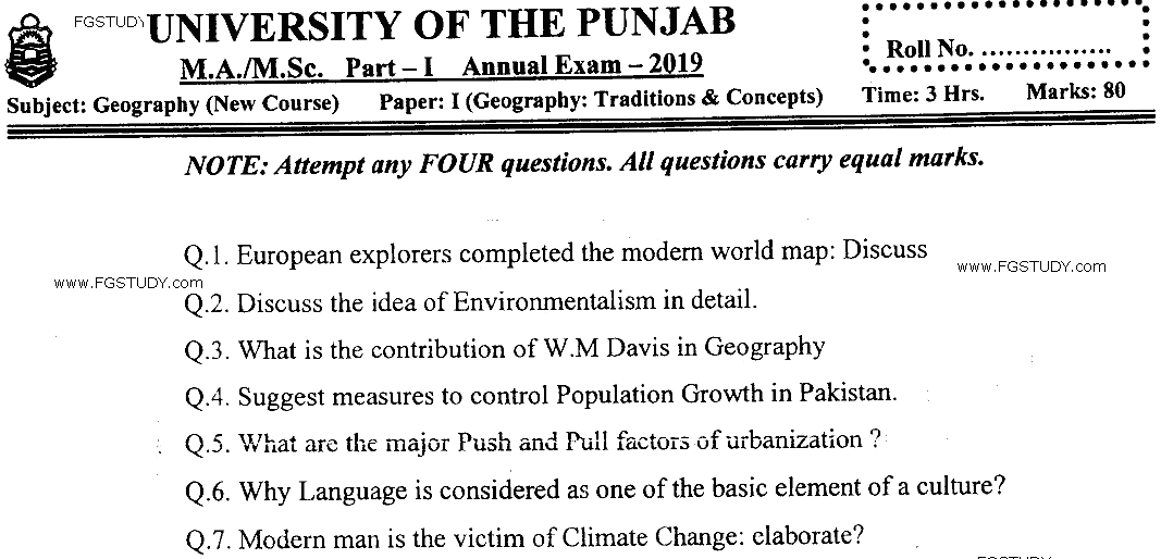 MSc Part 1 Geography Traditions And Concepts Past Paper 2019 Punjab University Subjective